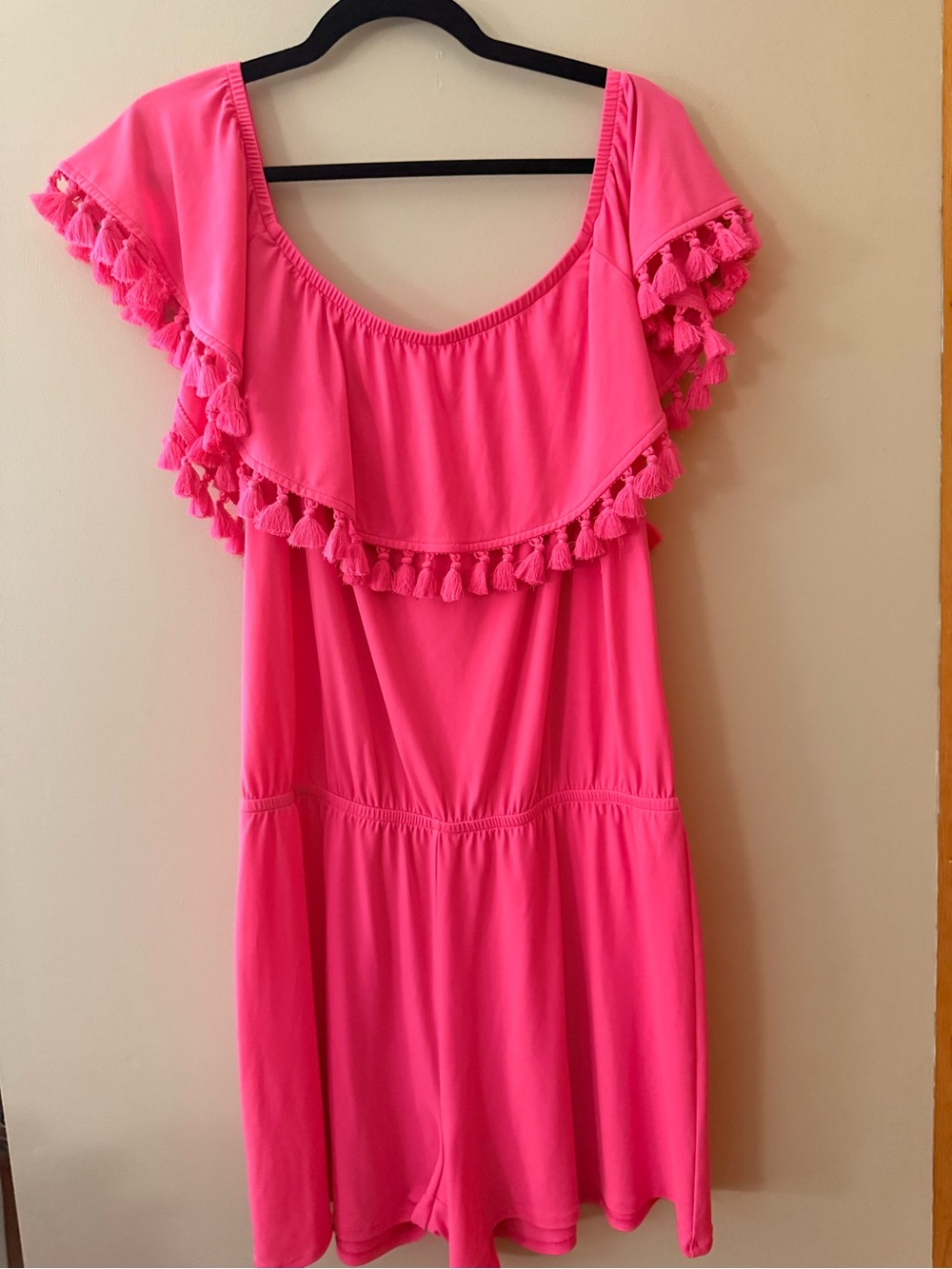 Lilly Pulitzer Bright Pink Tassel Off-Shoulder One-Piece Romper